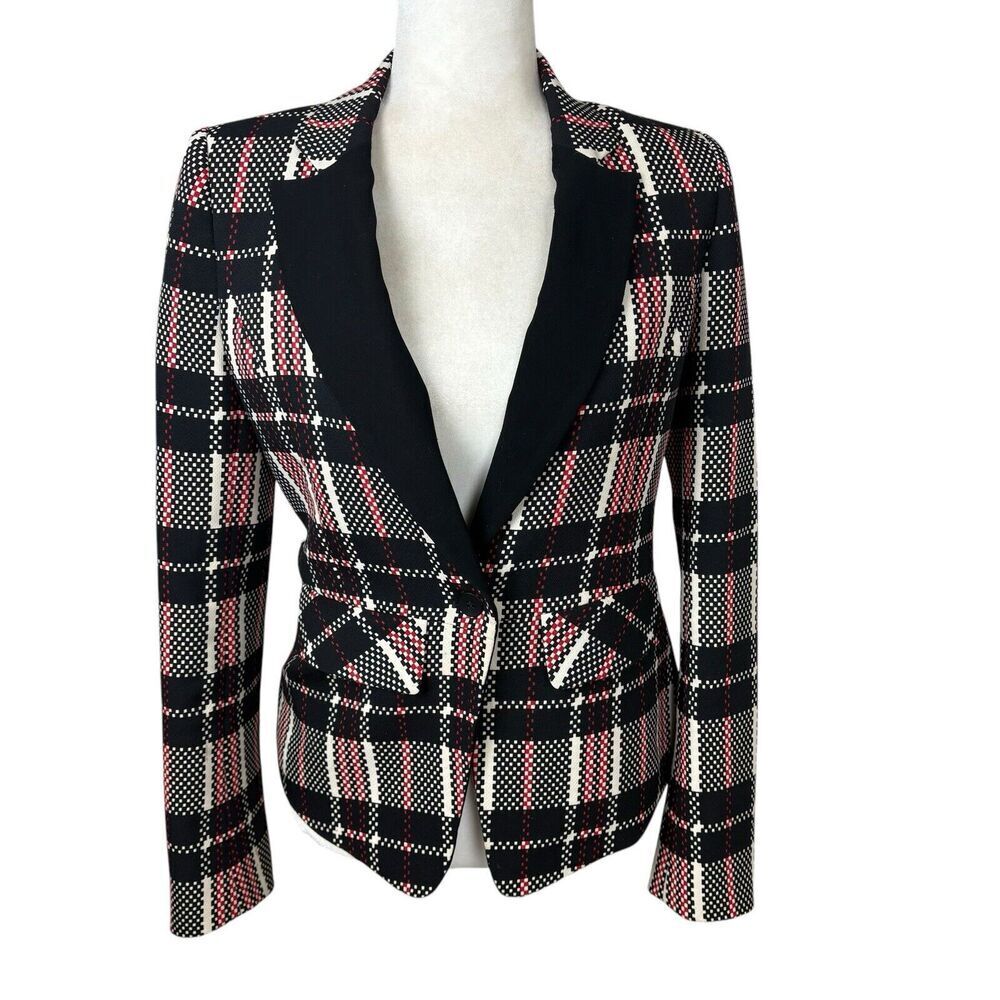 1.State Blazer Womens Size 4 Black Red Digital Plaid Fitted Preppy Vintage Y2K - Picture 5 of 14